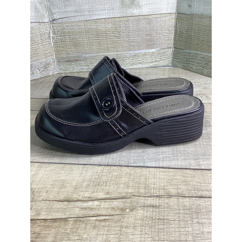 Lower East Side Black Platform Clogs Button Strap Mules Chunky Heel Y2K 6.5